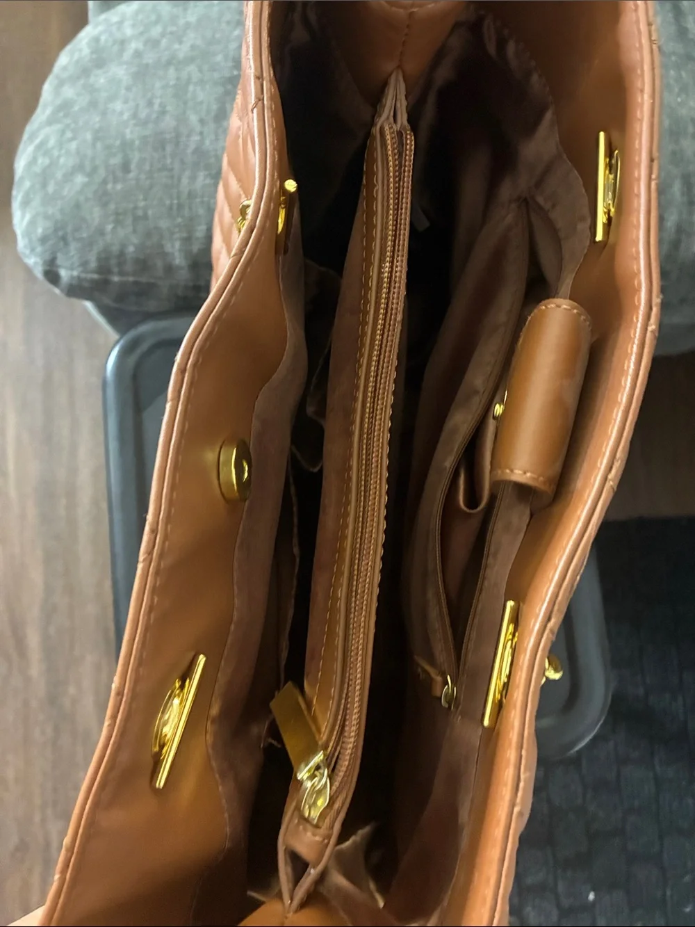 Love Quilted Tan Tote with Gold Chain Handles